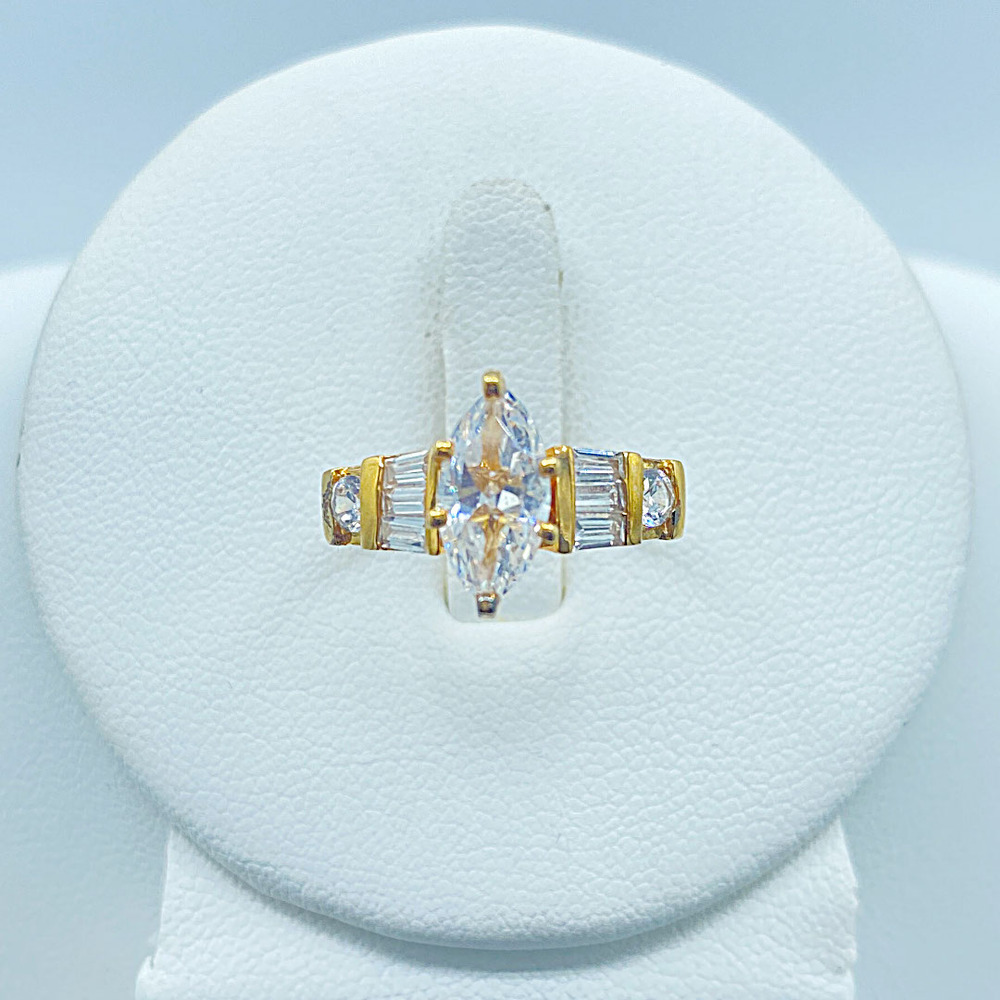 Marquise CZ Gold Tone Sterling Silver Ring Size 6 Baguette Accents